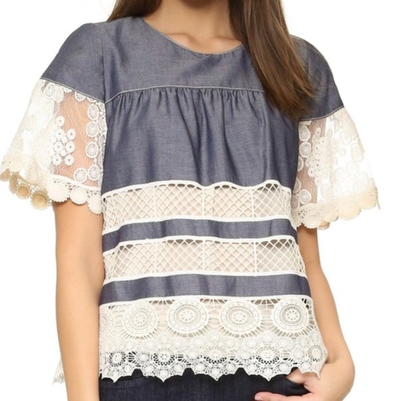 Anna Sui Lace Banded Chambray Short Sleeve Blouse - Picture 2 of 8